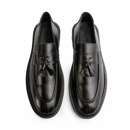 Leather Chunky Tassel Loafers - Black