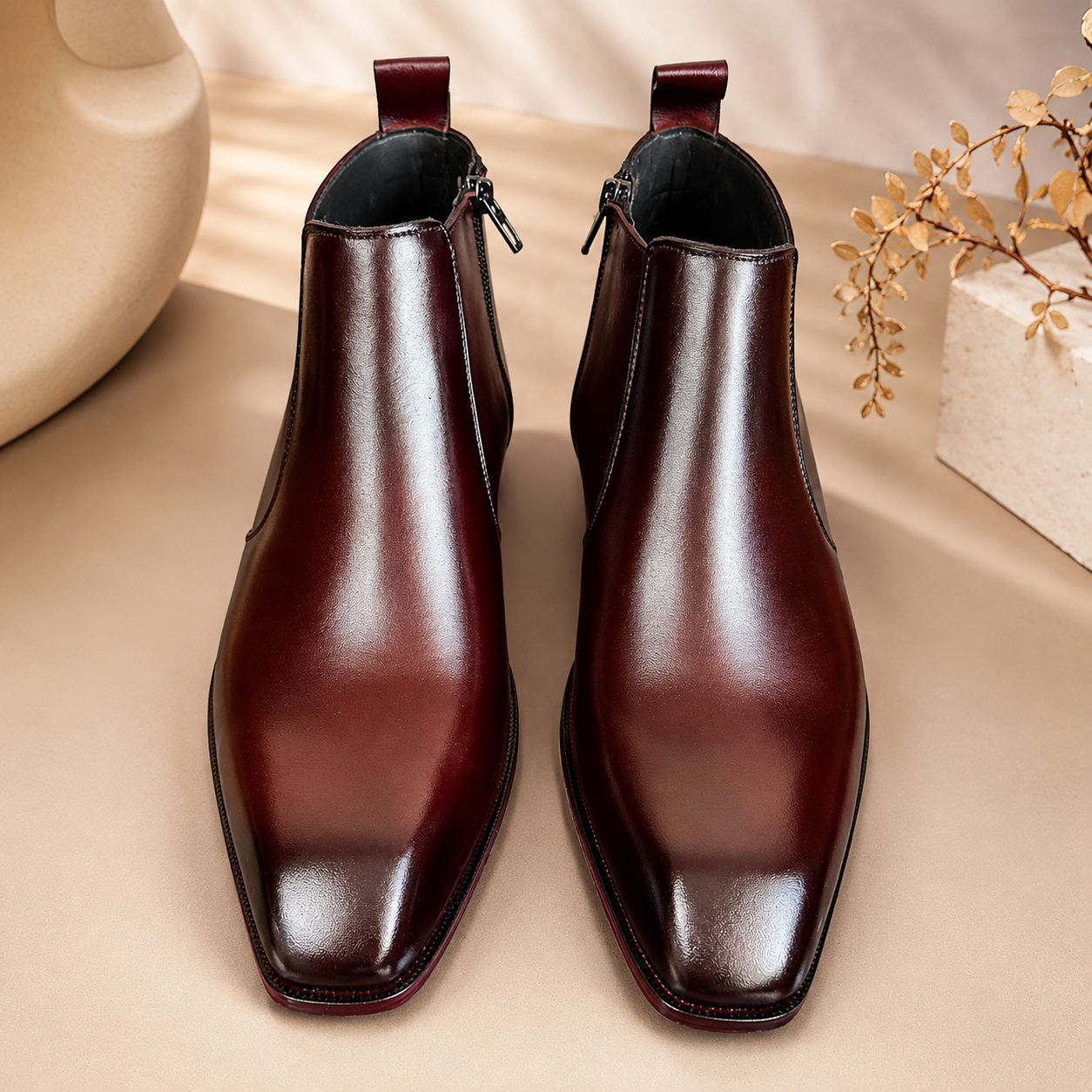 Premium Leather Italian Cut Down Toe Side-Zip Chelsea Boots - Burgundy