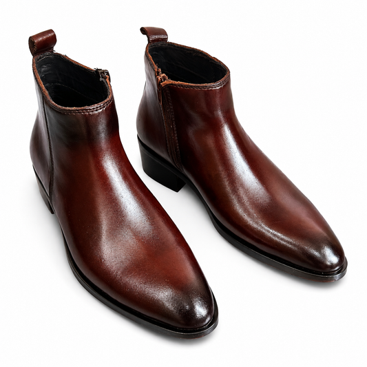 Two Inch Cuban Heel & Pointed Toe Leather Chelsea - Brown