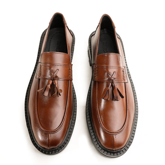 Leather Chunky Tassel Loafers - Brown