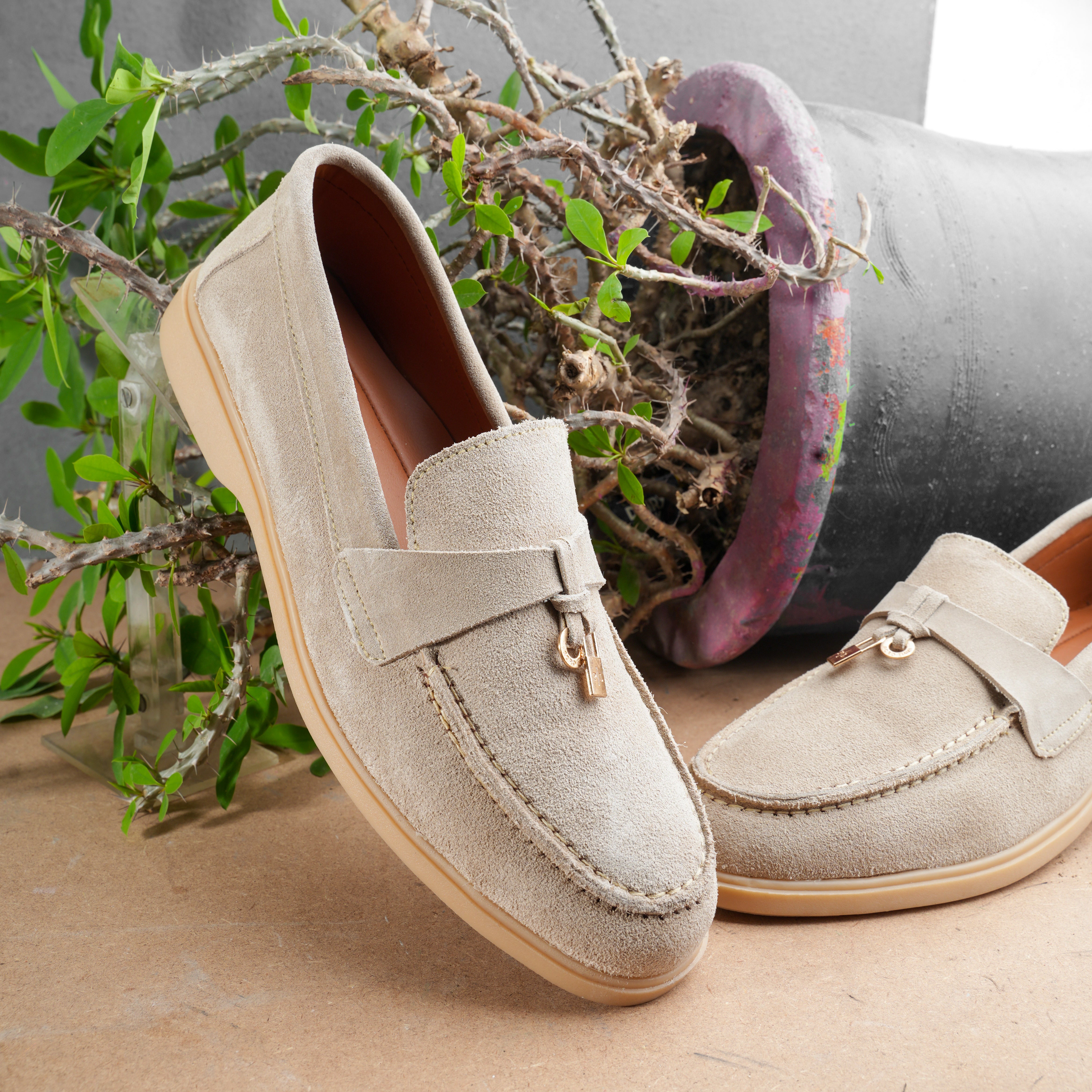 Premium Suede Leather Tassel Loafers - Beige