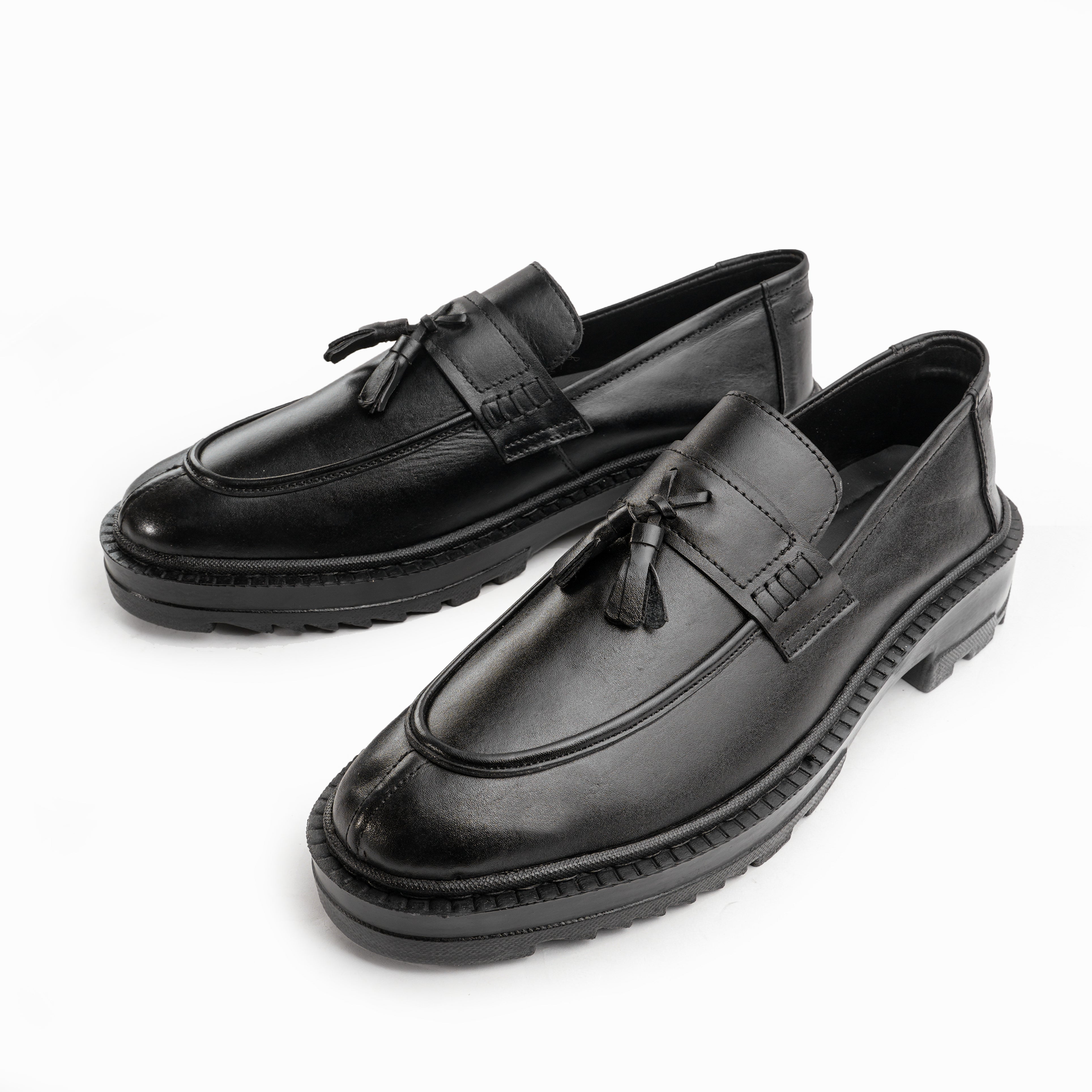 Premium Leather Chunky Tassel Loafers - Midnight Noir (Black)