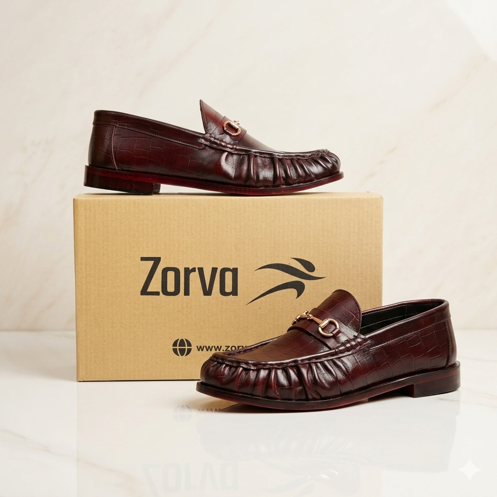 Leather Croc Horsebit Loafers - Burgundy
