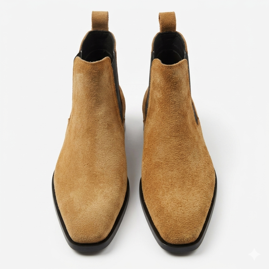 Premium Suede Leather Italian Cut Down Toe Chelsea Boots - Beige