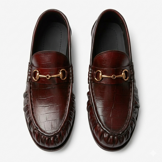 Leather Croc Horsebit Vintage Loafers - Burgundy