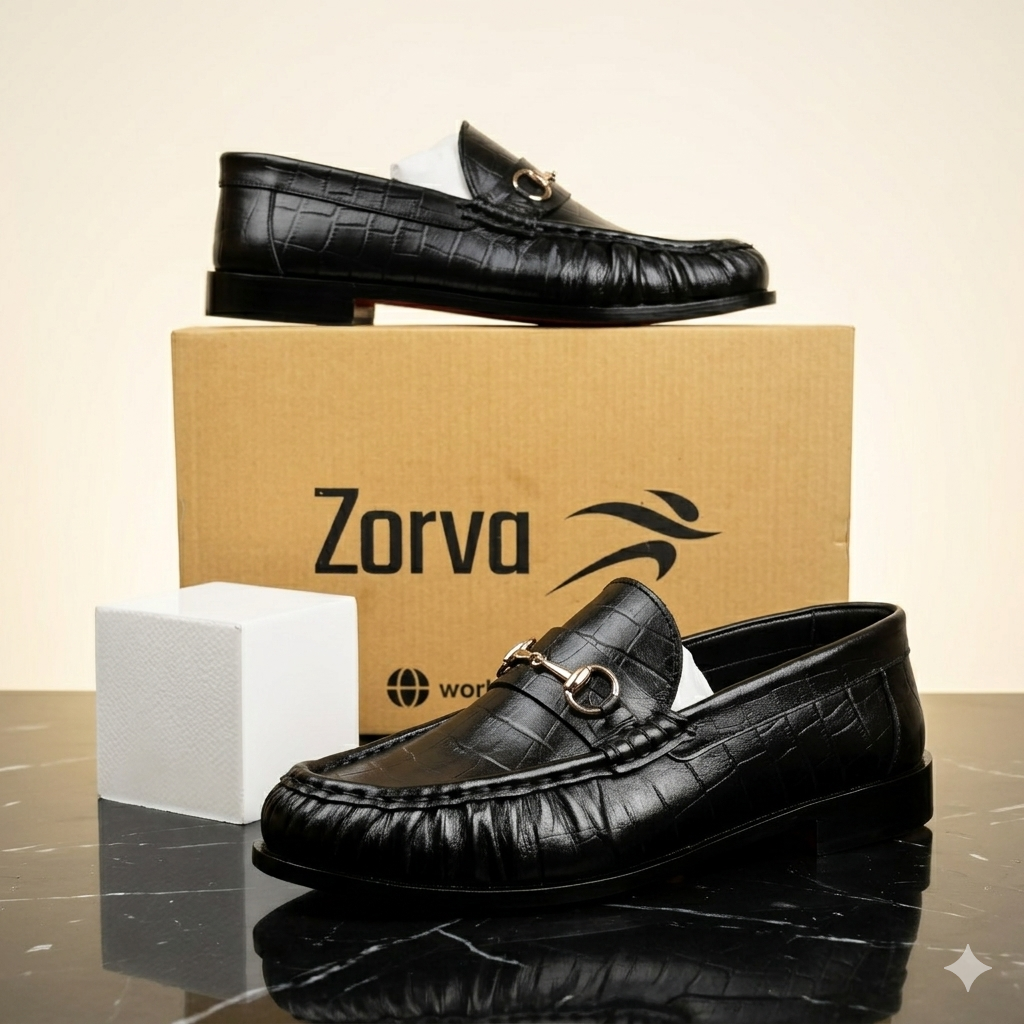 Leather Croc Horsebit Loafers - Black