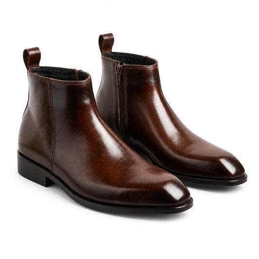 Italian Cut Down Toe Leather Chelsea - Side Zip - Brown