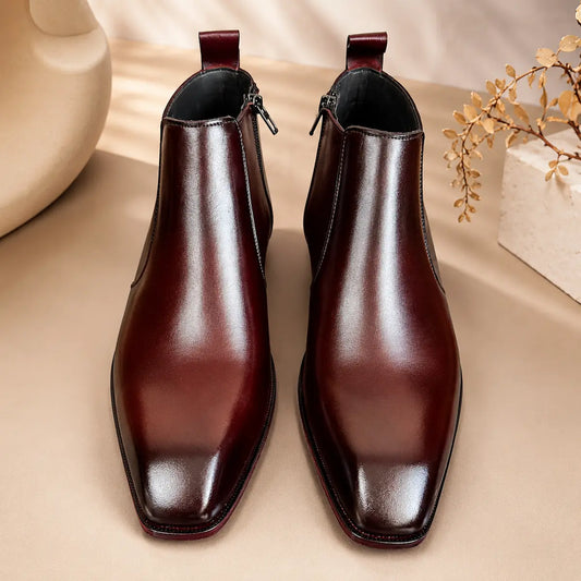 Italian Cut Down Toe Leather Chelsea - Side Zip - Burgundy
