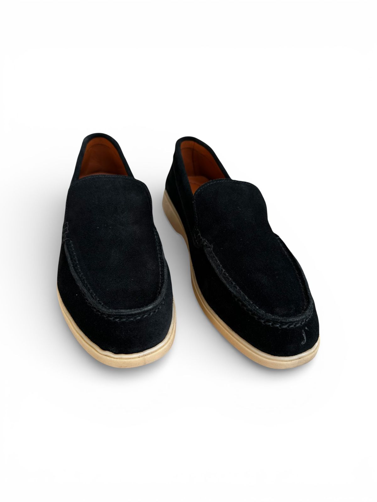 Premium Suede Leather Loafers - Black with Natural Light Brown Sole