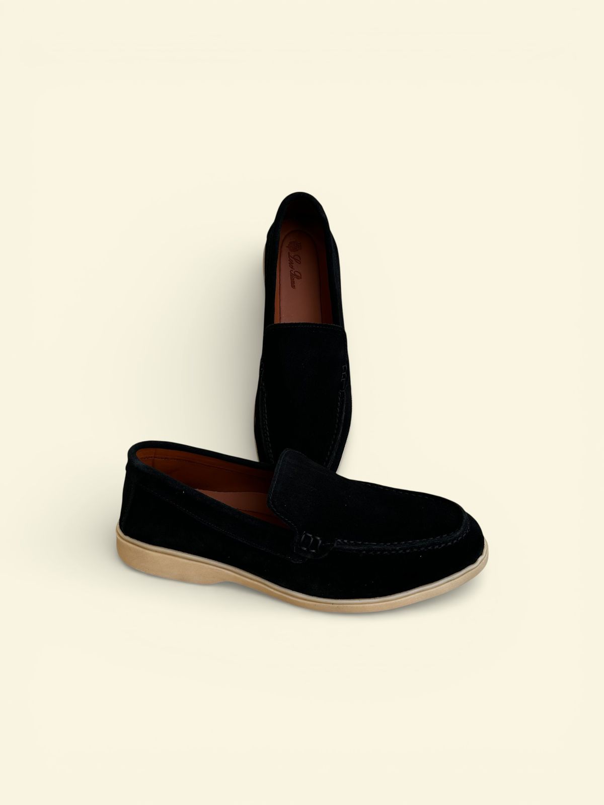 Premium Suede Leather Loafers - Black with Natural Light Brown Sole