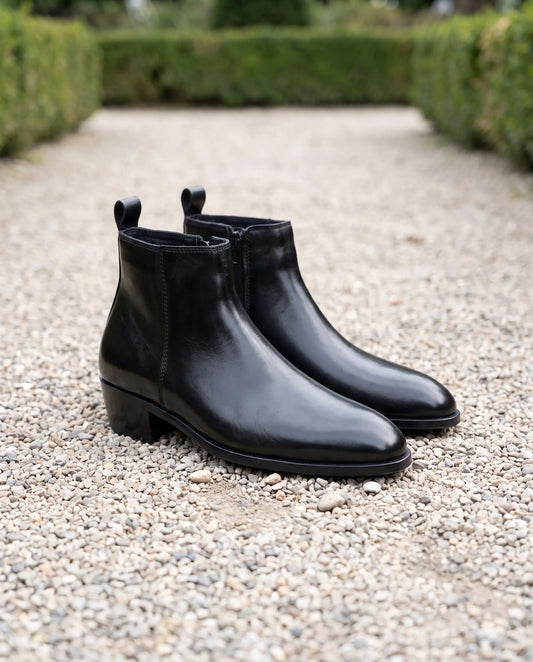 Two Inch Cuban Heel & Pointed Toe Leather Chelsea - Black