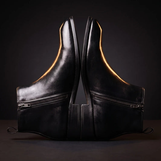 Italian Cut Down Toe Leather Chelsea - Side Zip - Black