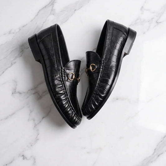 Leather Croc Horsebit Vintage Loafers - Black