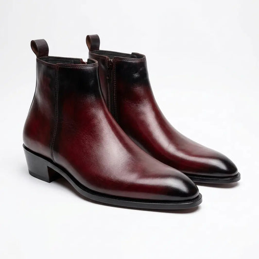 Two Inch Cuban Heel & Pointed Toe Leather Chelsea - Burgundy