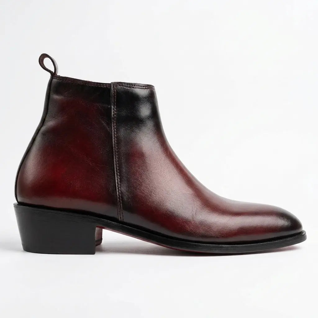 Two Inch Cuban Heel & Pointed Toe Leather Chelsea - Burgundy