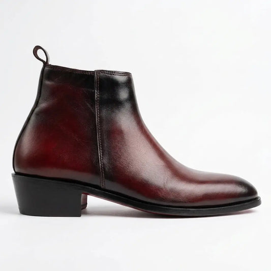 Two Inch Cuban Heel & Pointed Toe Leather Chelsea - Burgundy