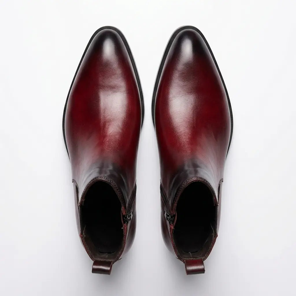 Two Inch Cuban Heel & Pointed Toe Leather Chelsea - Burgundy