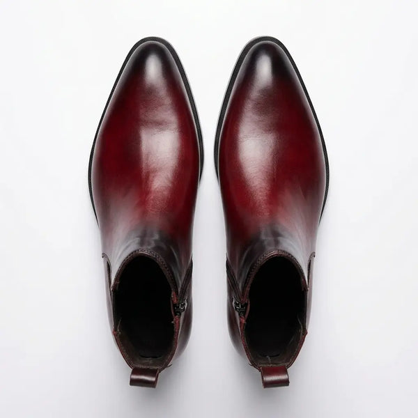 Two Inch Cuban Heel & Pointed Toe Leather Chelsea - Burgundy