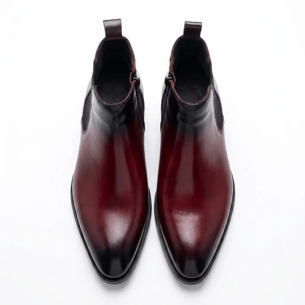 Two Inch Cuban Heel & Pointed Toe Leather Chelsea - Burgundy