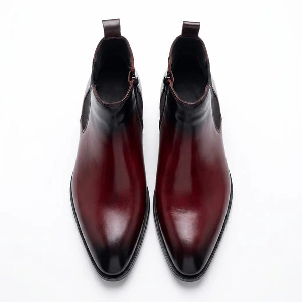 Two Inch Cuban Heel & Pointed Toe Leather Chelsea - Burgundy