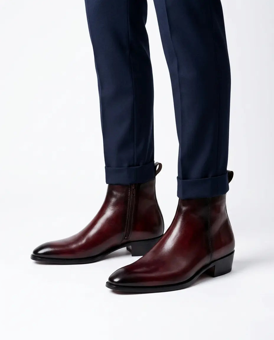 Two Inch Cuban Heel & Pointed Toe Leather Chelsea - Burgundy