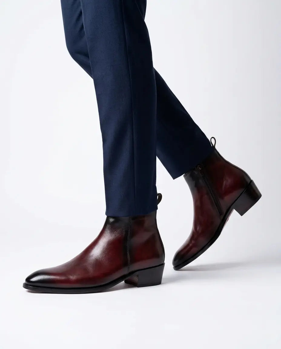 Two Inch Cuban Heel & Pointed Toe Leather Chelsea - Burgundy