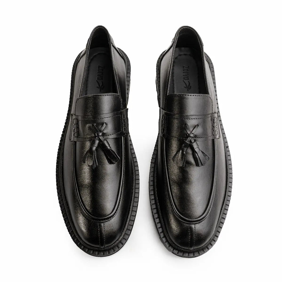 Leather Chunky Tassel Loafers - Black
