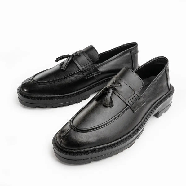 Leather Chunky Tassel Loafers - Black