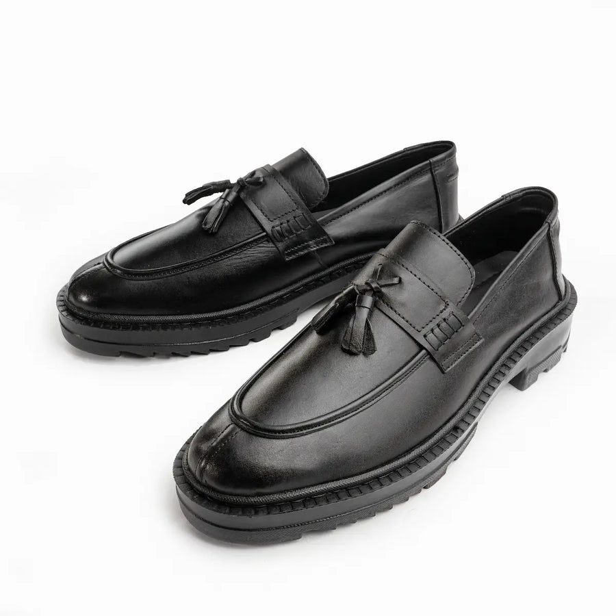 Leather Chunky Tassel Loafers - Black
