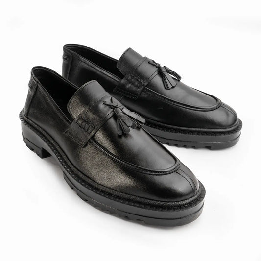 Leather Chunky Tassel Loafers - Black