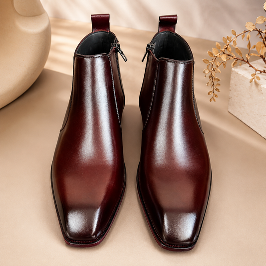 Italian Cut Down Toe Leather Chelsea - Side Zip - Burgundy