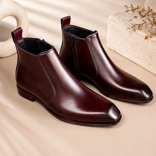 Italian Cut Down Toe Leather Chelsea - Side Zip - Burgundy
