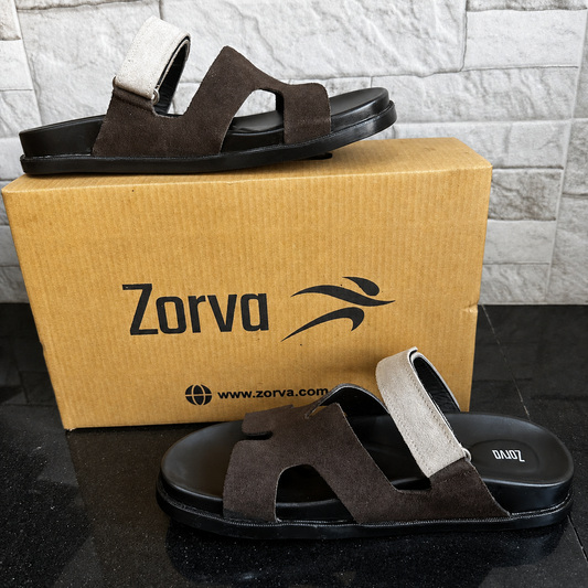 Zorva Medicated Suede Leather Sandals - Beige & Brown