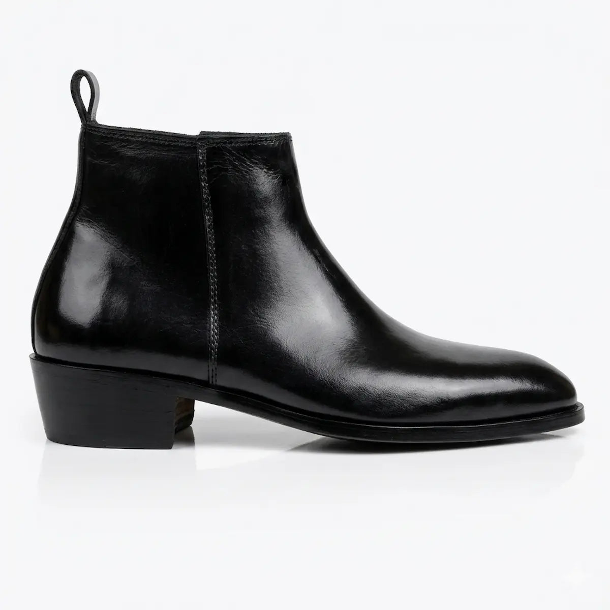 Two Inch Cuban Heel & Pointed Toe Leather Chelsea - Black