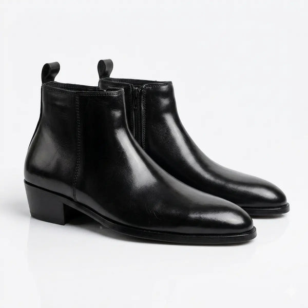 Two Inch Cuban Heel & Pointed Toe Leather Chelsea - Black