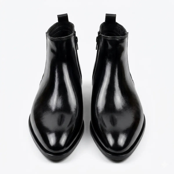Two Inch Cuban Heel & Pointed Toe Leather Chelsea - Black