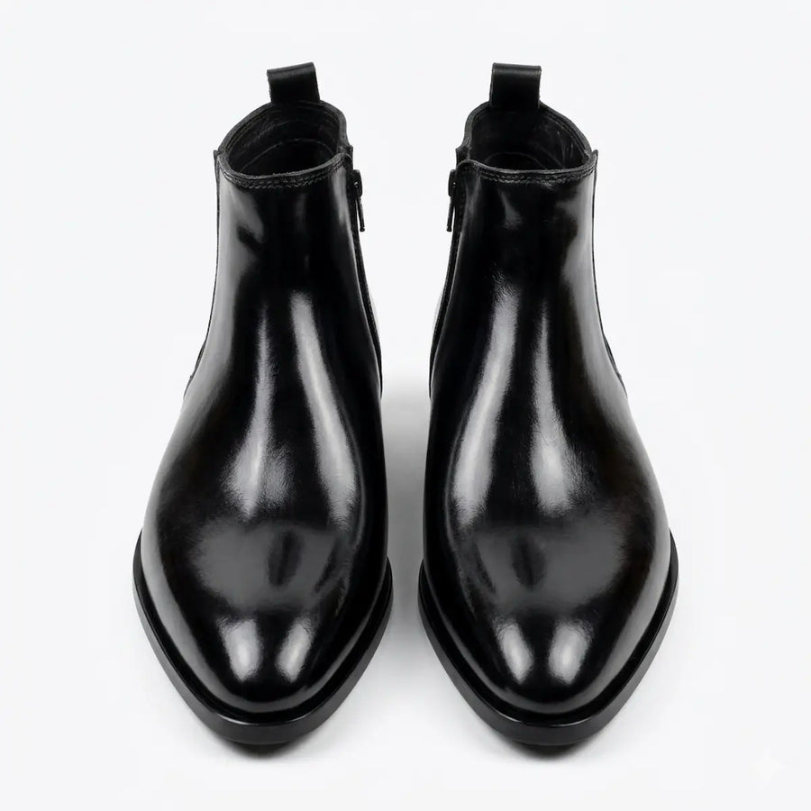 Two Inch Cuban Heel & Pointed Toe Leather Chelsea - Black