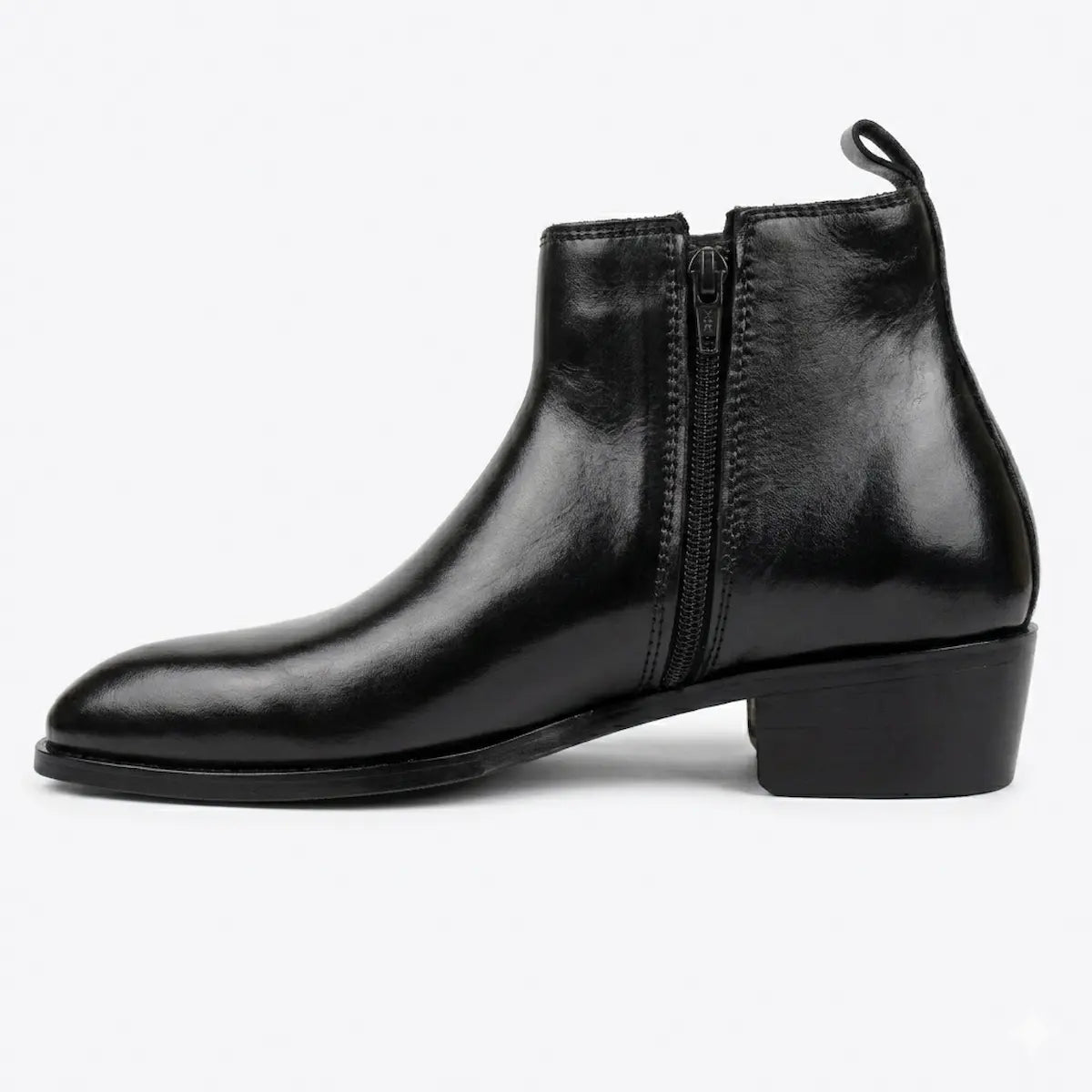 Two Inch Cuban Heel & Pointed Toe Leather Chelsea - Black