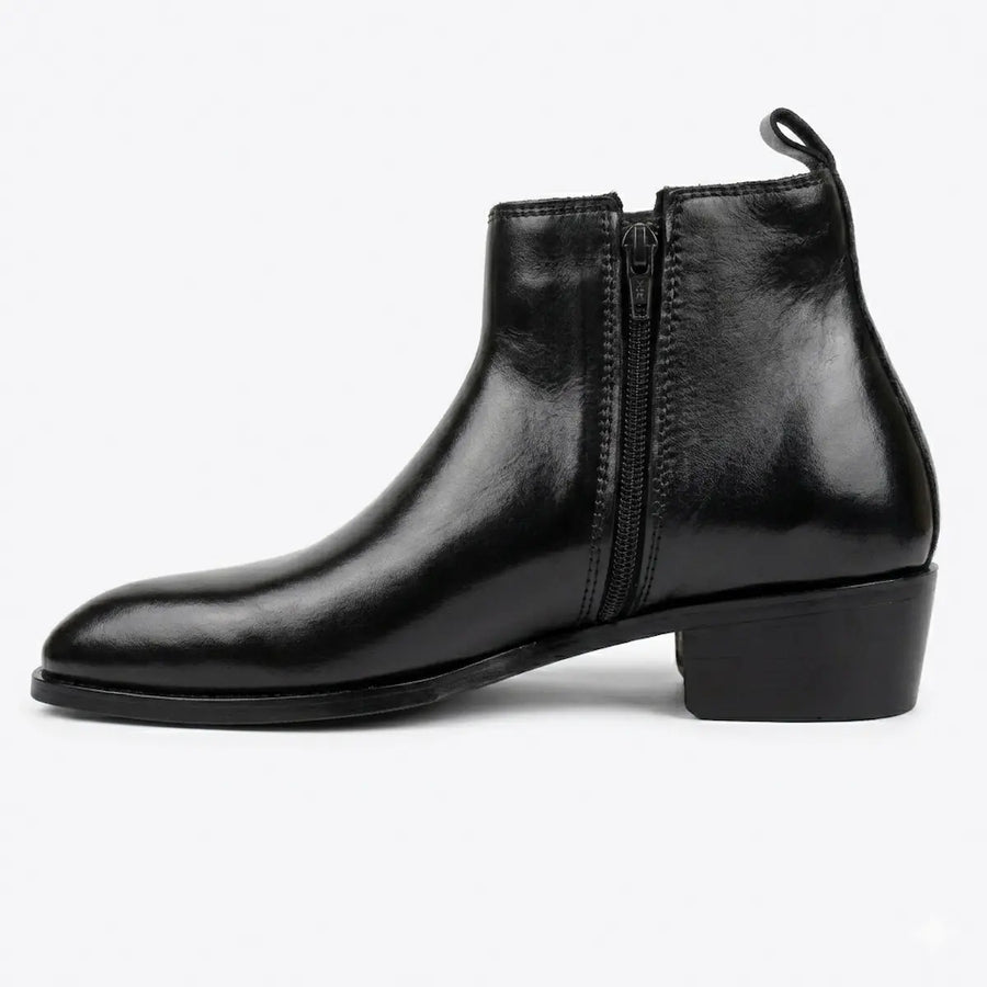 Two Inch Cuban Heel & Pointed Toe Leather Chelsea - Black