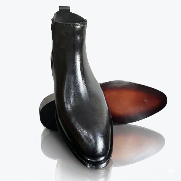 Two Inch Cuban Heel & Pointed Toe Leather Chelsea - Black