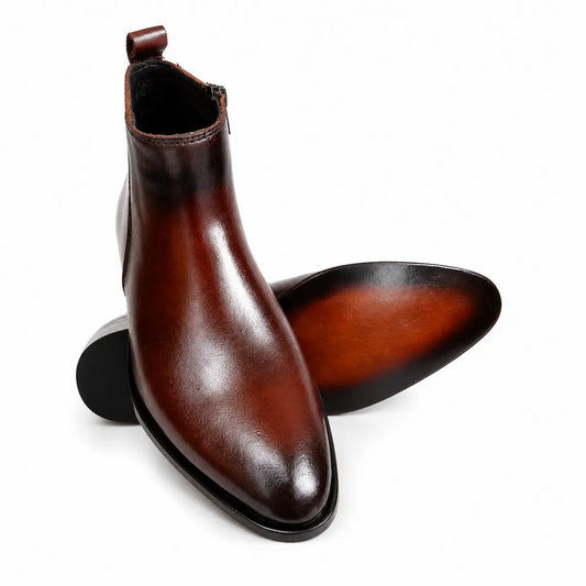 Two Inch Cuban Heel & Pointed Toe Leather Chelsea - Brown