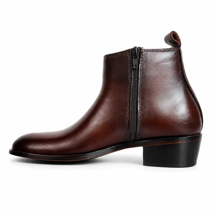 Two Inch Cuban Heel & Pointed Toe Leather Chelsea - Brown