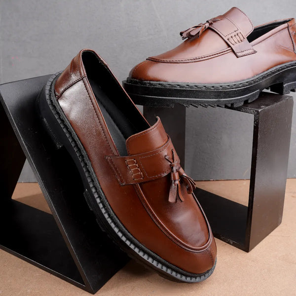 Leather Chunky Tassel Loafers - Brown