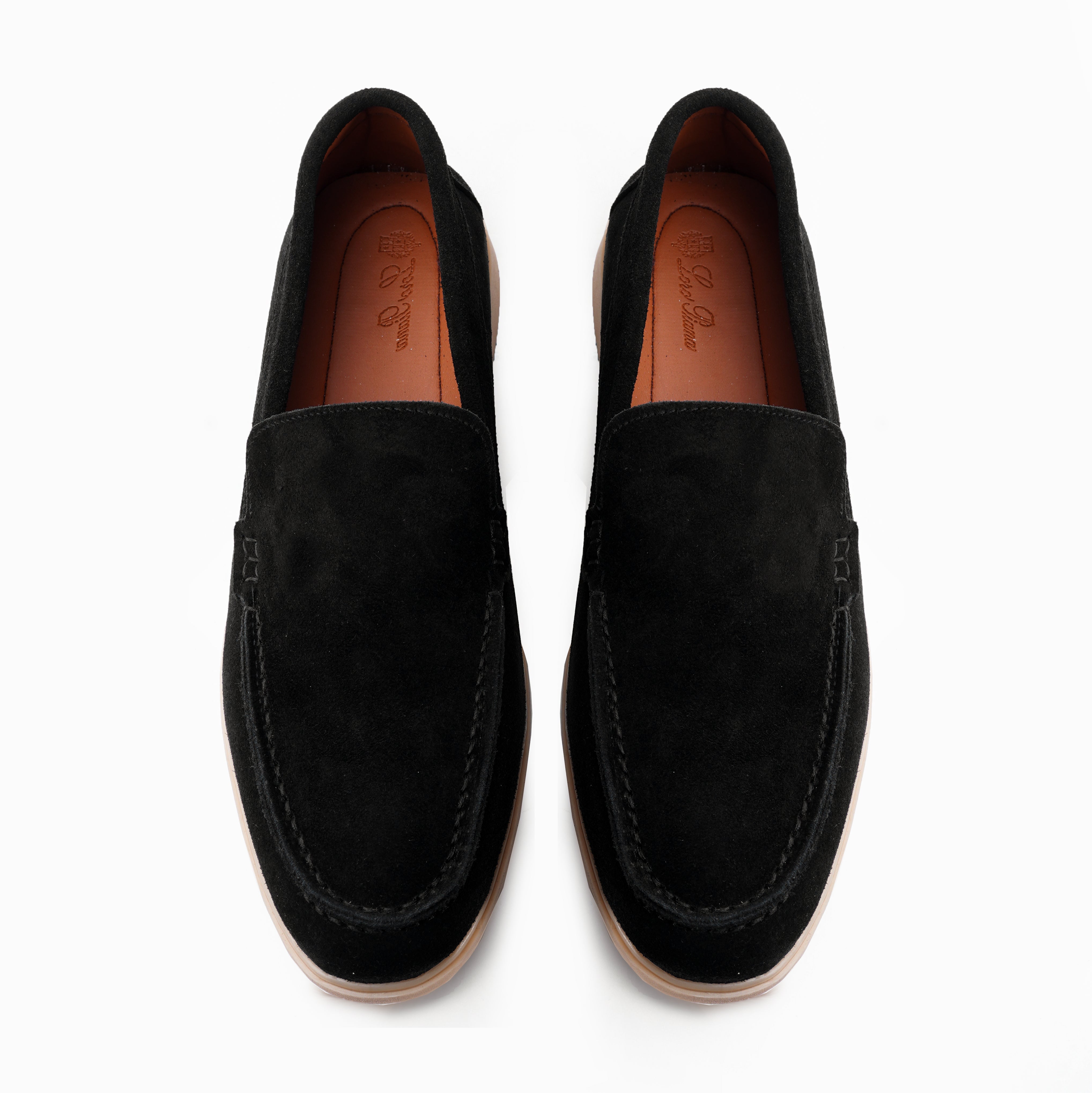 Premium Suede Leather Loafers - Black with Natural Light Brown Sole
