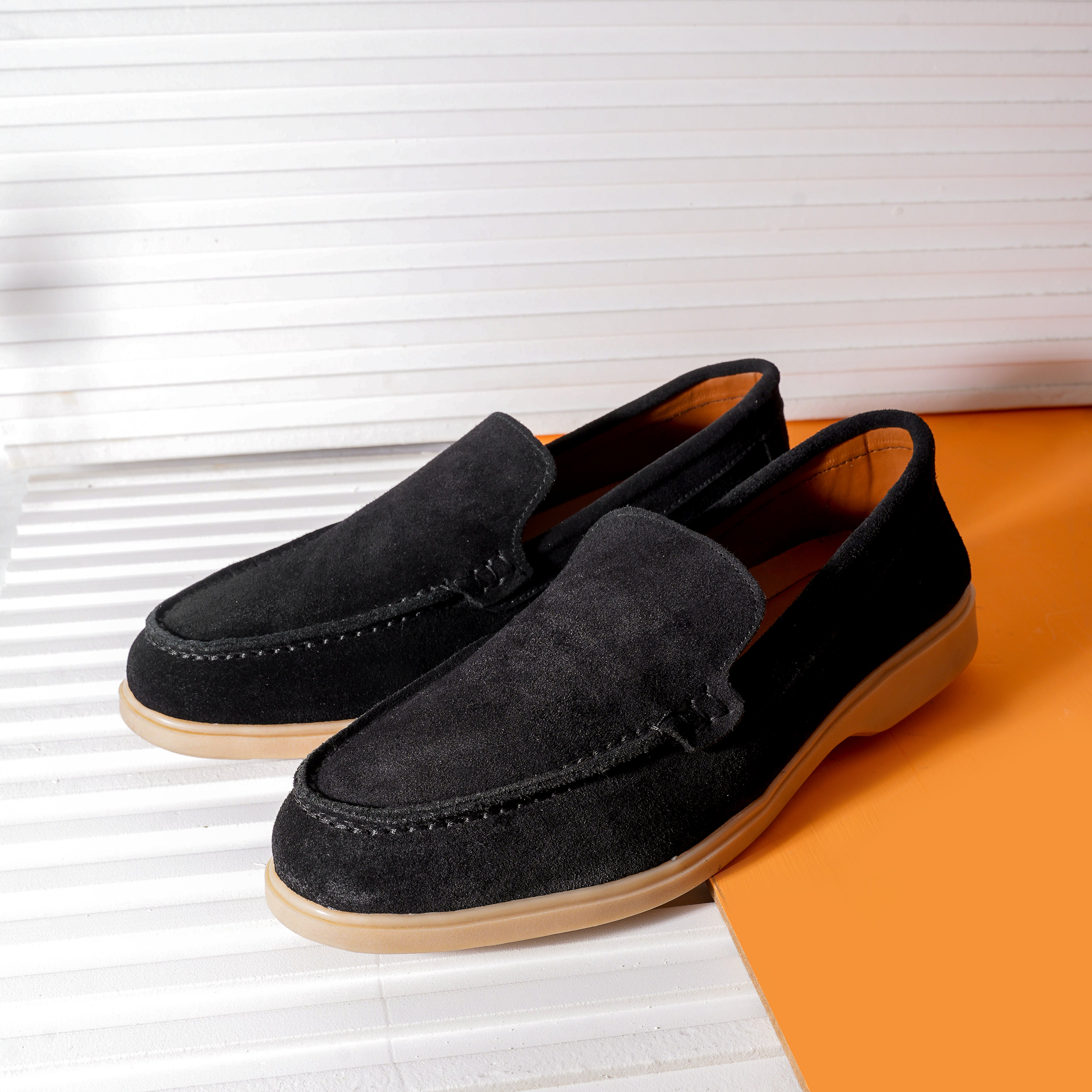 Premium Suede Leather Loafers - Black with Natural Light Brown Sole