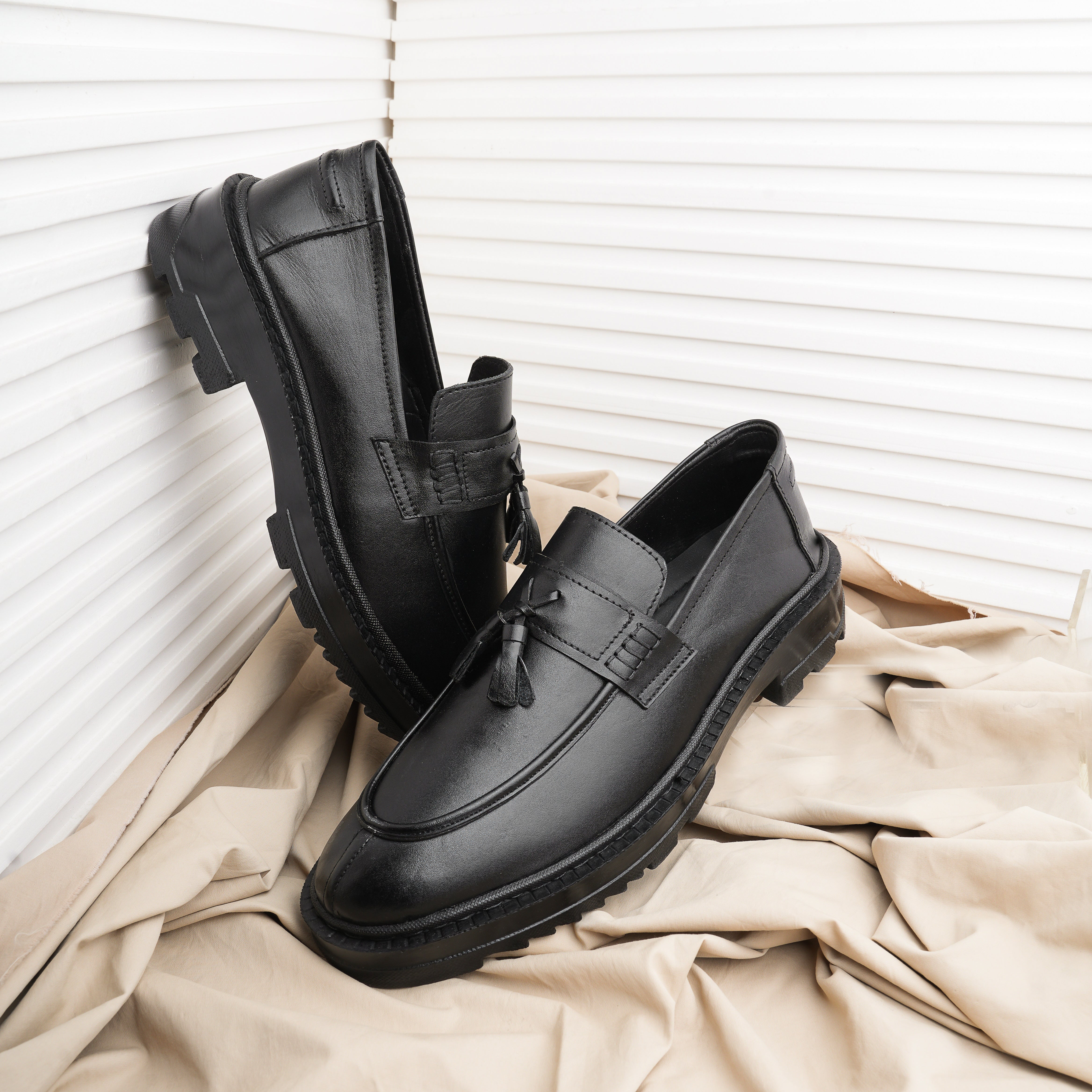 Premium Leather Chunky Tassel Loafers - Midnight Noir (Black)
