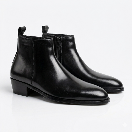 Two Inch Cuban Heel & Pointed Toe Leather Chelsea - Black