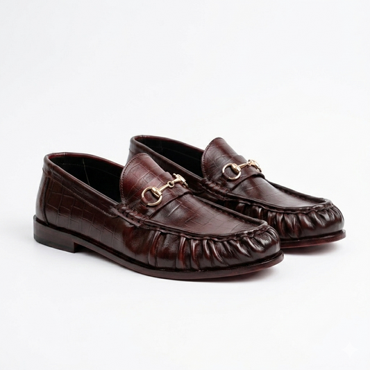 Leather Croc Horsebit Vintage Loafers - Burgundy