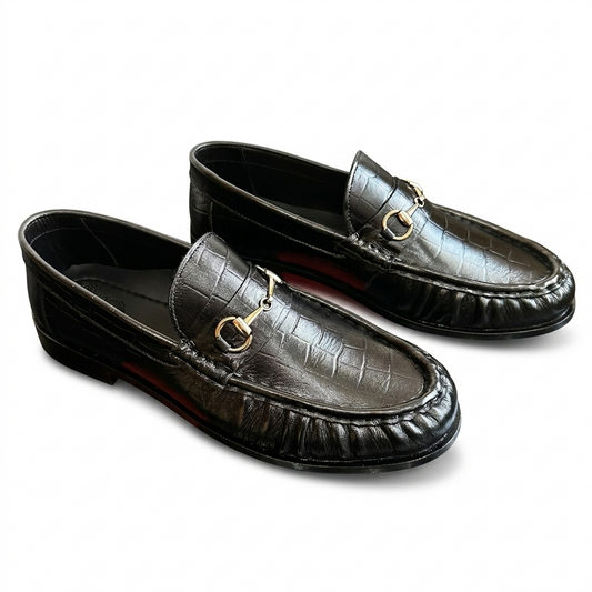 Leather Croc Horsebit Vintage Loafers - Black