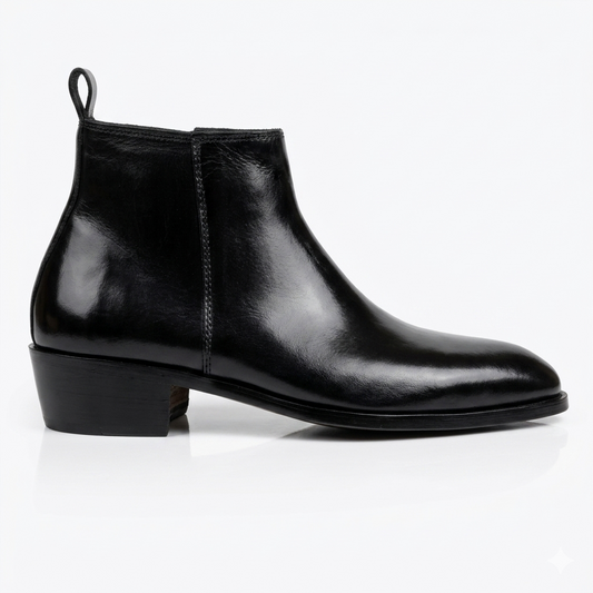 Two Inch Cuban Heel & Pointed Toe Leather Chelsea - Black